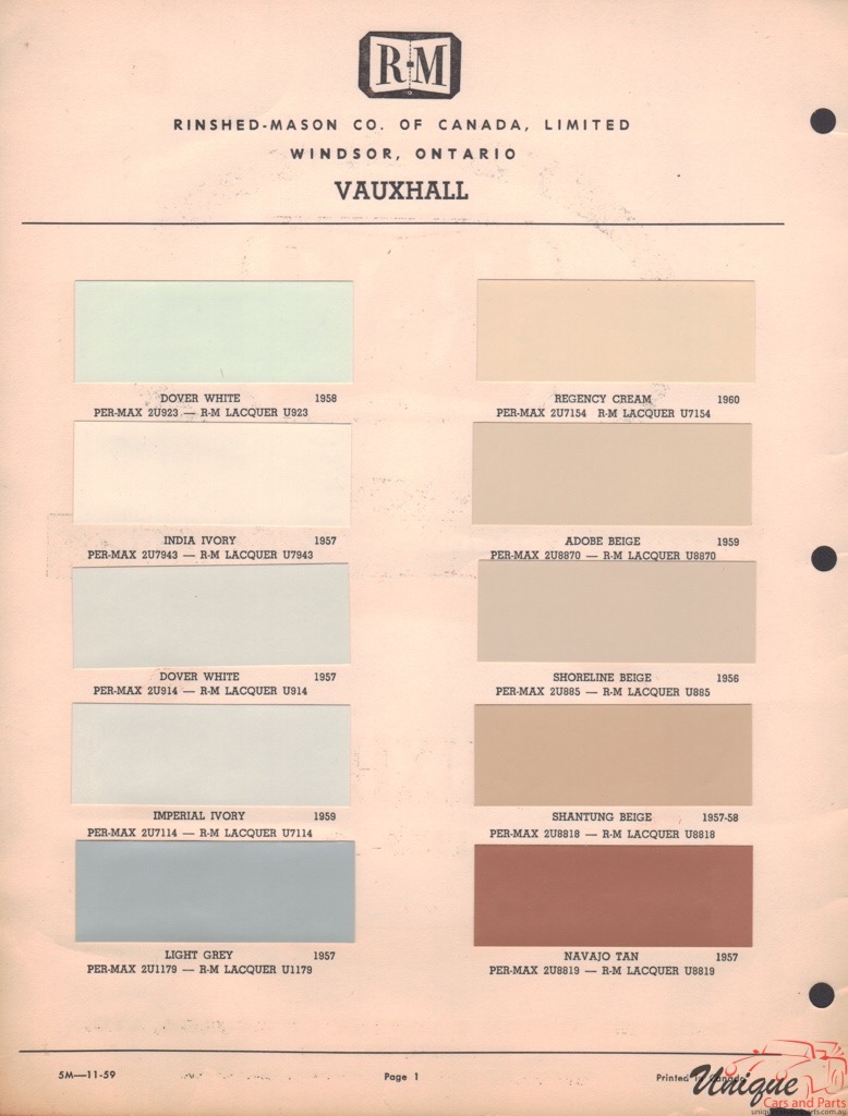 1956 Vauxhall Paint Charts RM 1